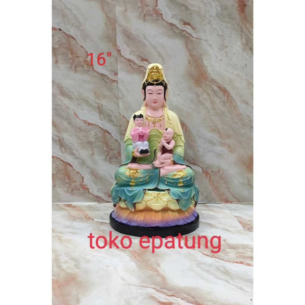 patung dewi kwan im / guan yin / kwan in anak 16 inch - fiber - 2 anak - hijau - qing - l25
