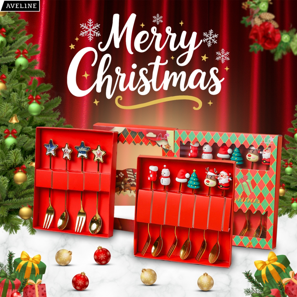 Terbaru Aveline Sendok Garpu Natal Stainlesss Steel Setgift Box / Set Sendok Alat Makan Natal