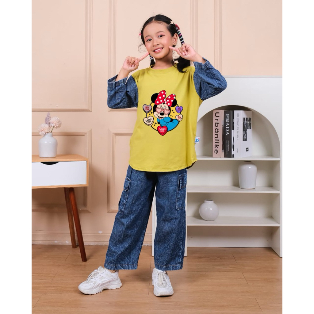 Setelan Anak Perempuan Celana Levis Cargo Baju Gambar Mickey Mouse Usia 3-14 Tahun Blue Indigo