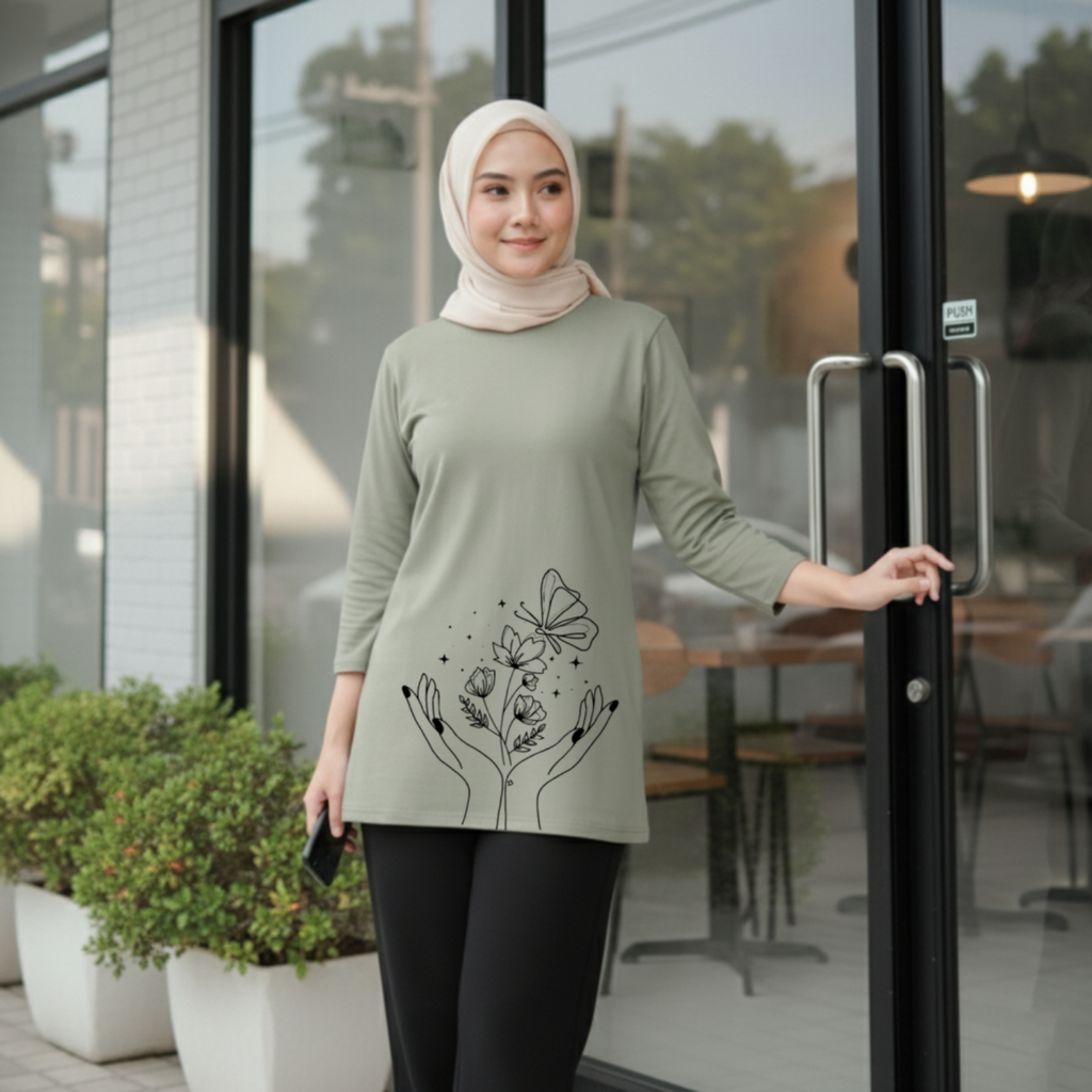 Kaos Tunik Hijab Wanita Baju Tunik Perempuan Dewasa Size M L XL XXL Tangan 3/4
