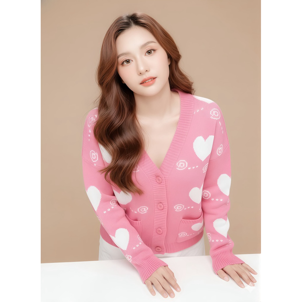 Knit Cardigan - Cardigan Rajut Wanita Oversize Fit Motif Hati Putih  / Bahan Lembut Dan Tebal - Arcy
