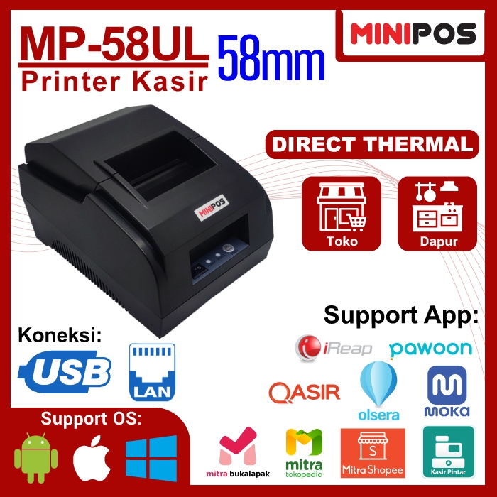 MINIPOS MP-58UL Printer Thermal 58mm Kabel USB+LAN Head Awet Struk Antrian Dapur
