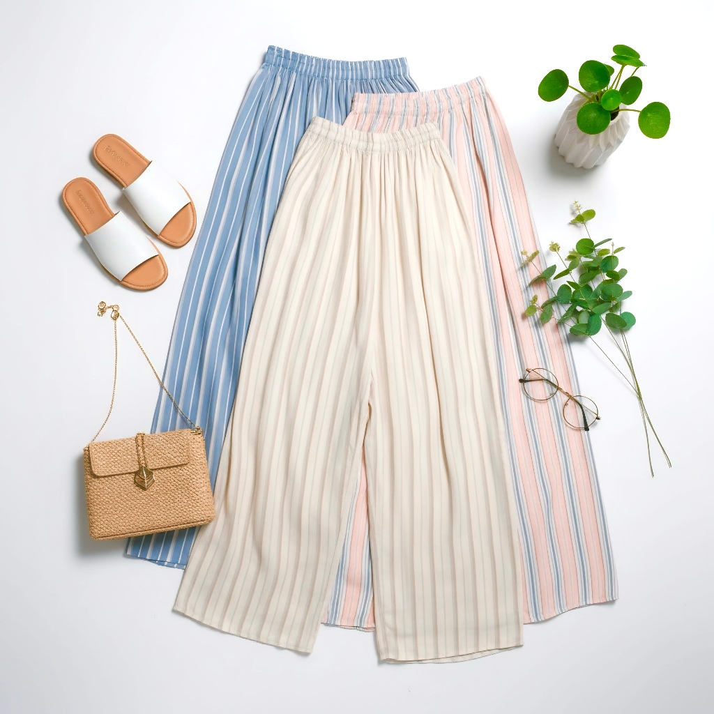 RUN.CO Celana Stripe Flowy Kulot Rayon Viscose Wanita Motif Salur