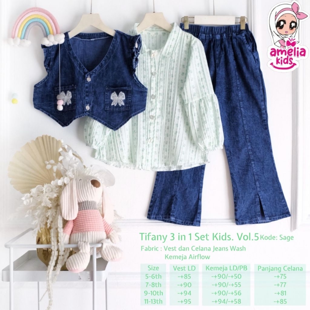 100% ORI Tifany 3in1 set kids setelan celana jeans atasan rompi vest jeans | setrok setcel kids - se