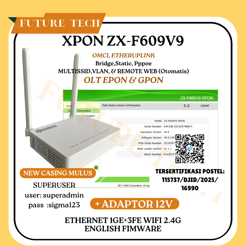 XPON EPON GPON ONU ZX-F609V9 OMCI DENGAN ADAPTOR
