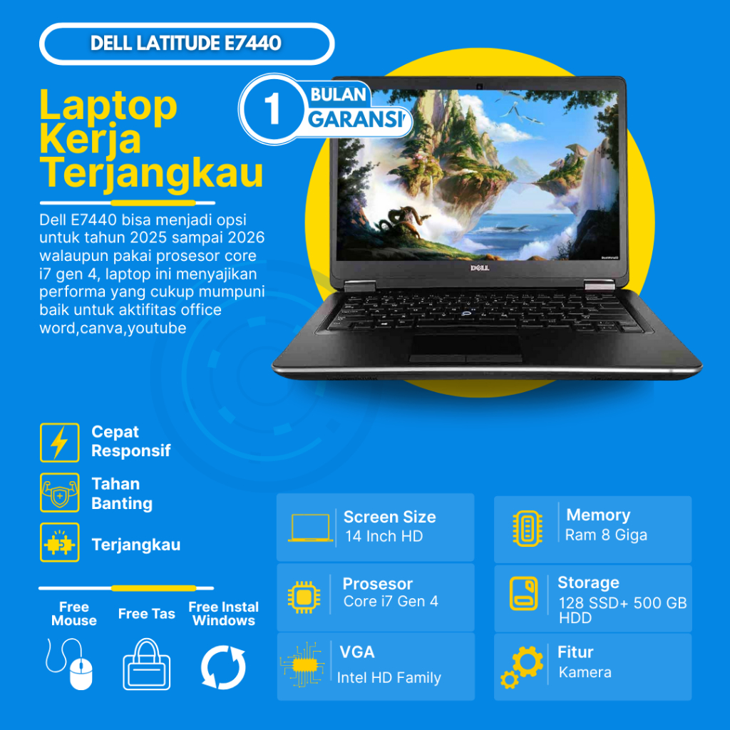 Dell Latitude E7440 Core i7 4600U 2.70GHz RAM 8GB SSD 128GB HDD 500GB 14Inch HD Laptop Kerja Terjang