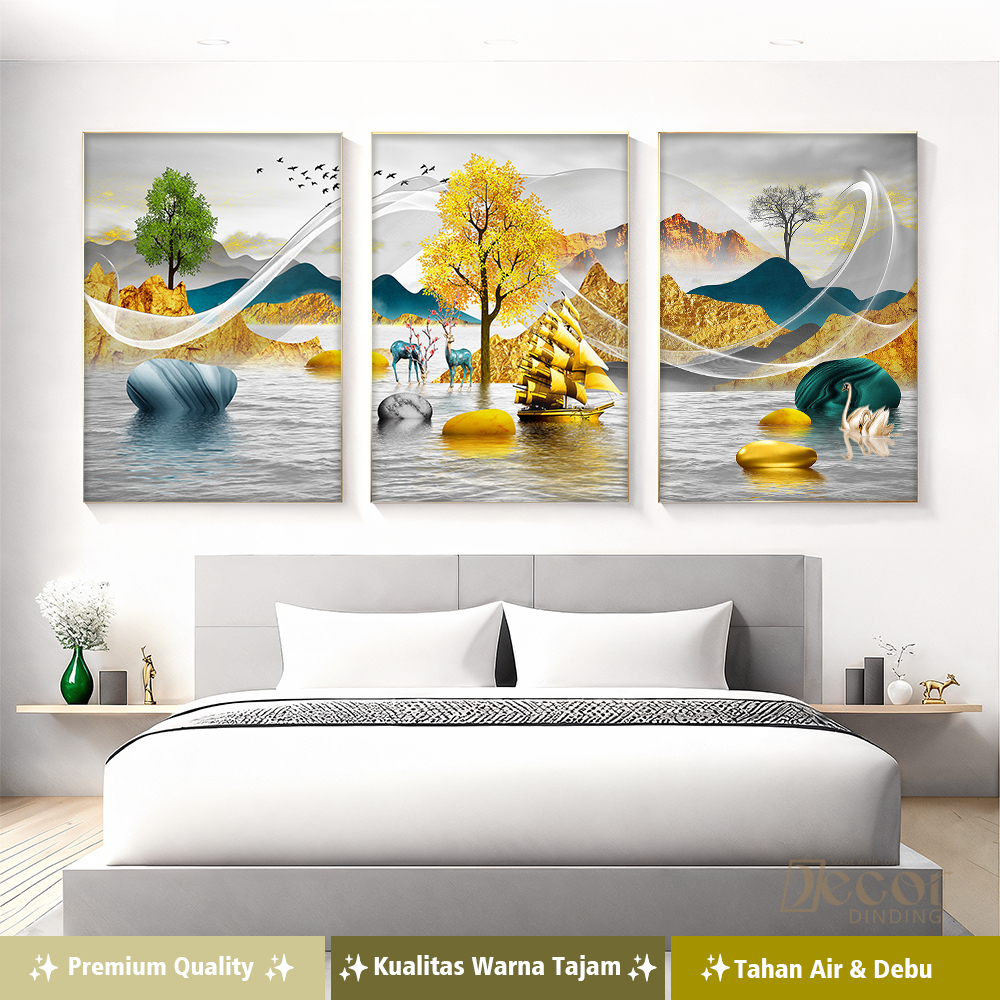 Hiasan Dinding Ruang Tamu Minimalis CANVAS INCLUDE FRAME -  Decor GOLD PAINTING