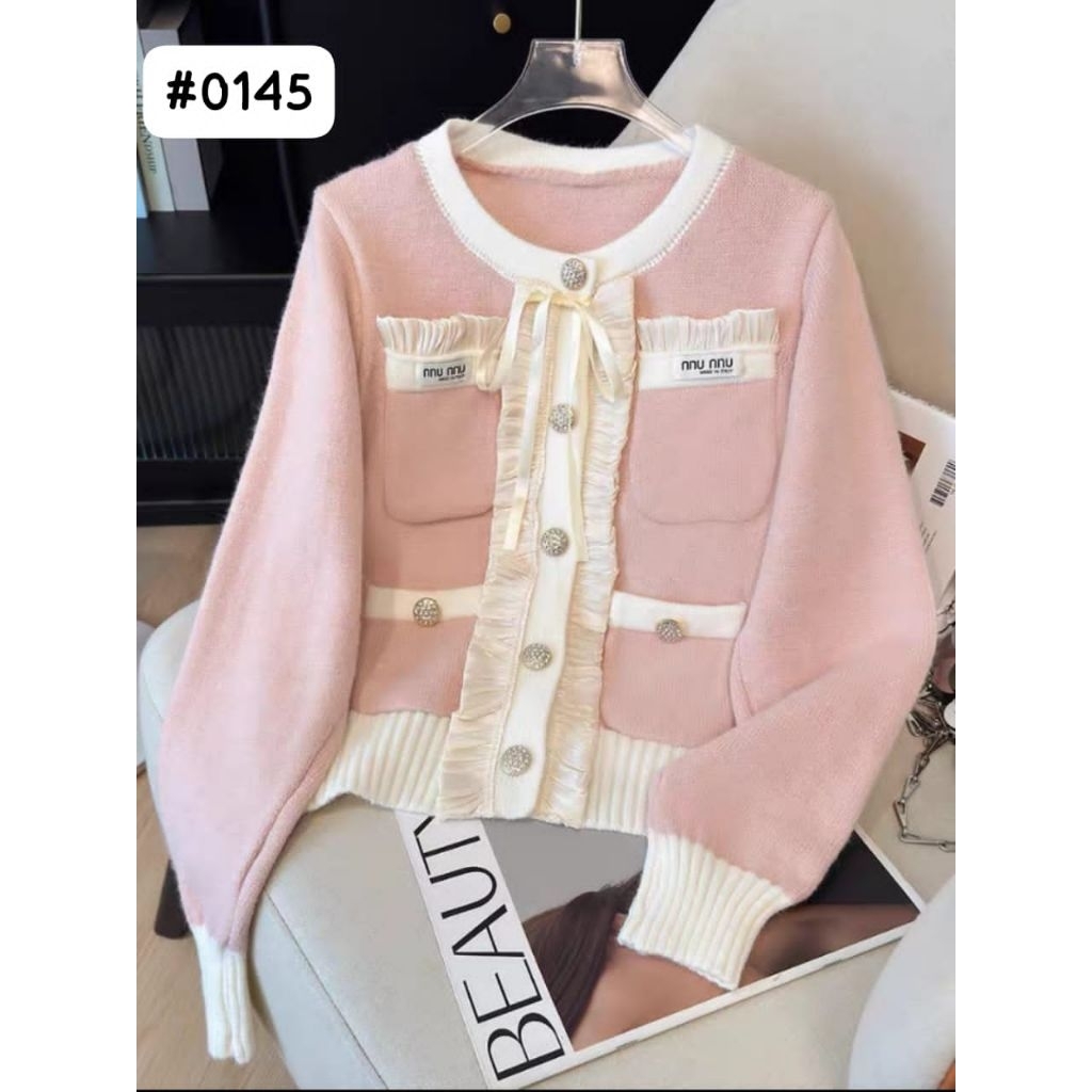 Cardigan Rajut Korea Style Pita Miu Elegan Knit Saku Casual Wanita