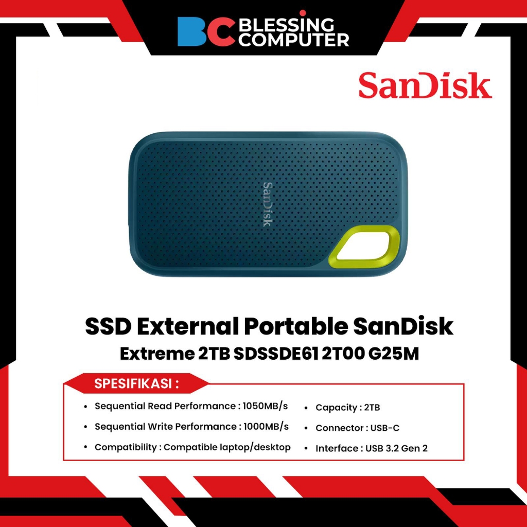SSD External Portable SanDisk Extreme 2TB SDSSDE61 2T00 G25M