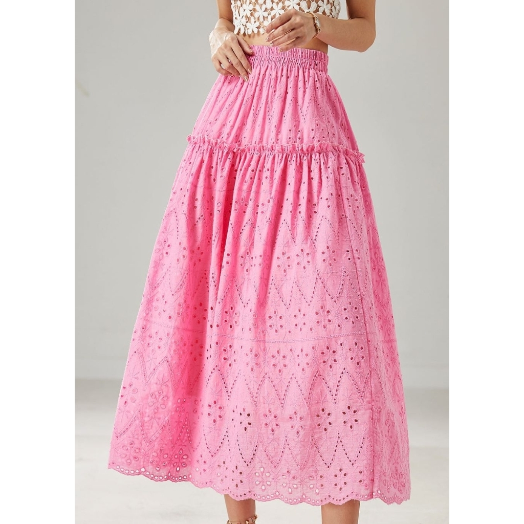 Eyelet tiered midi skirt