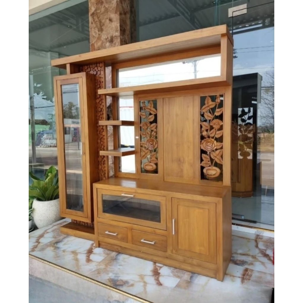 bufet partisi penyekat ruangan kayu jati, bufet tv jati minimalis