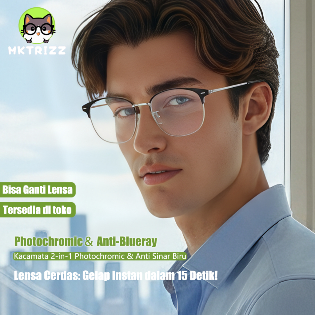 MKTRIZZ Kacamata Photochromic Pria Anti Radiasi Minus 3 in 1 Bluecromic Normal Logam Frame Wanita
