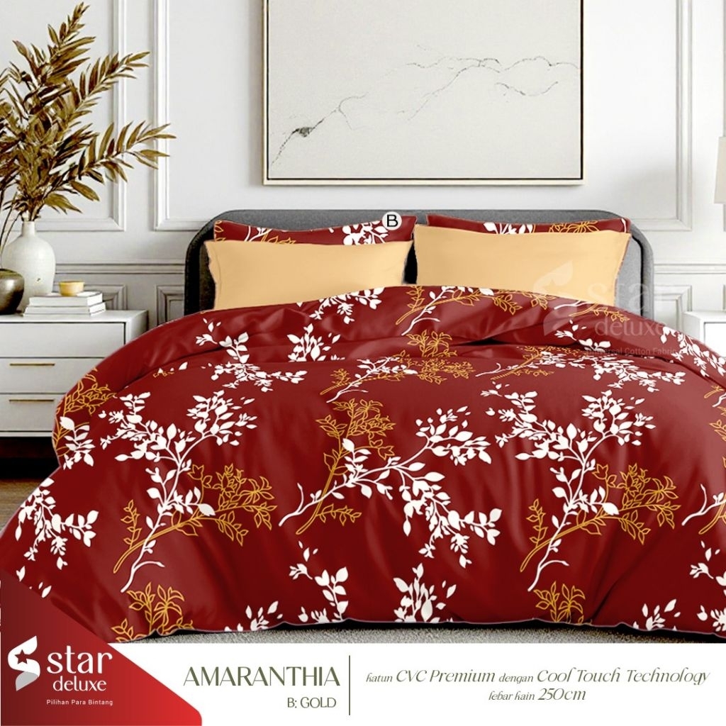 Bedcover + sprei anti geser katun star motif bunga AMARANTHIA mix polos  || 2 variasi warna || merah