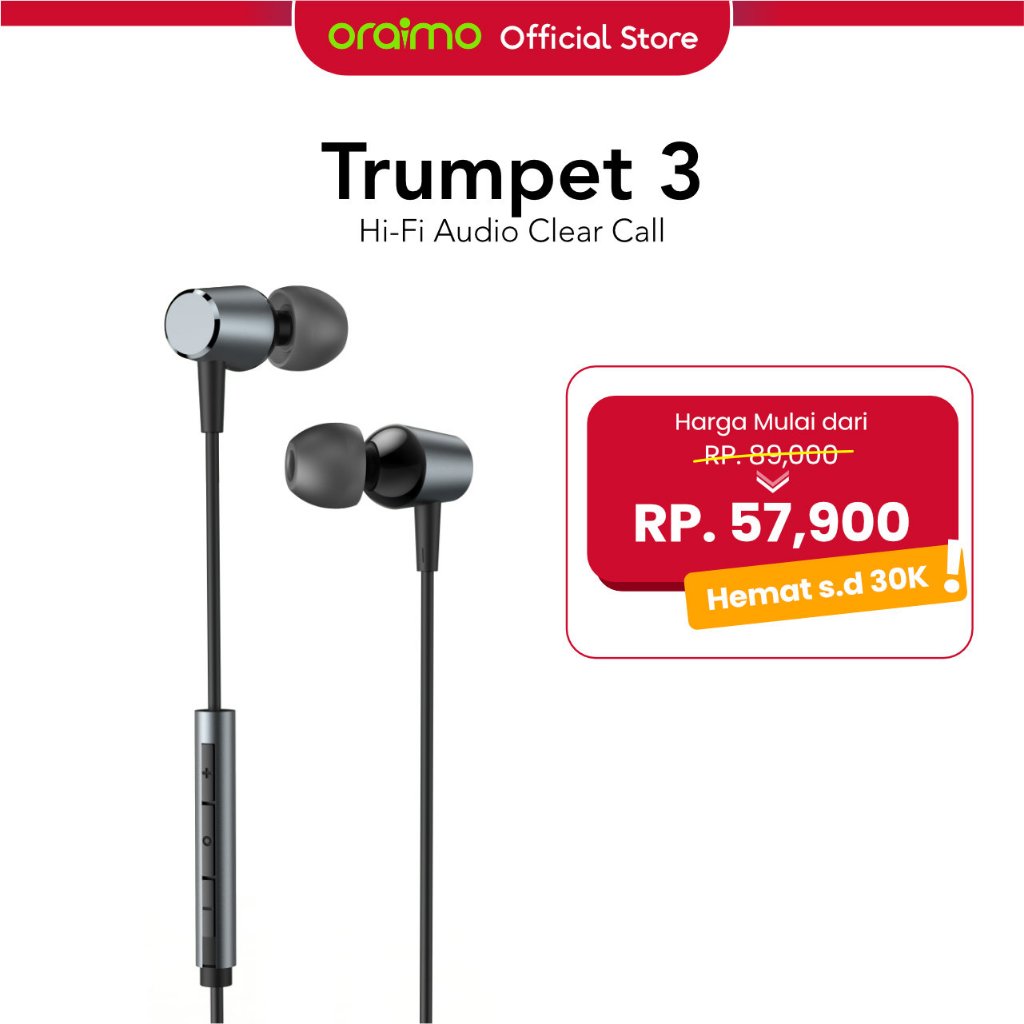 oraimo Earphone Berkabel Trumpet 3 OEP-E40 Headset Kabel Mikrofon Bass Logam Headphone Earphone Beba