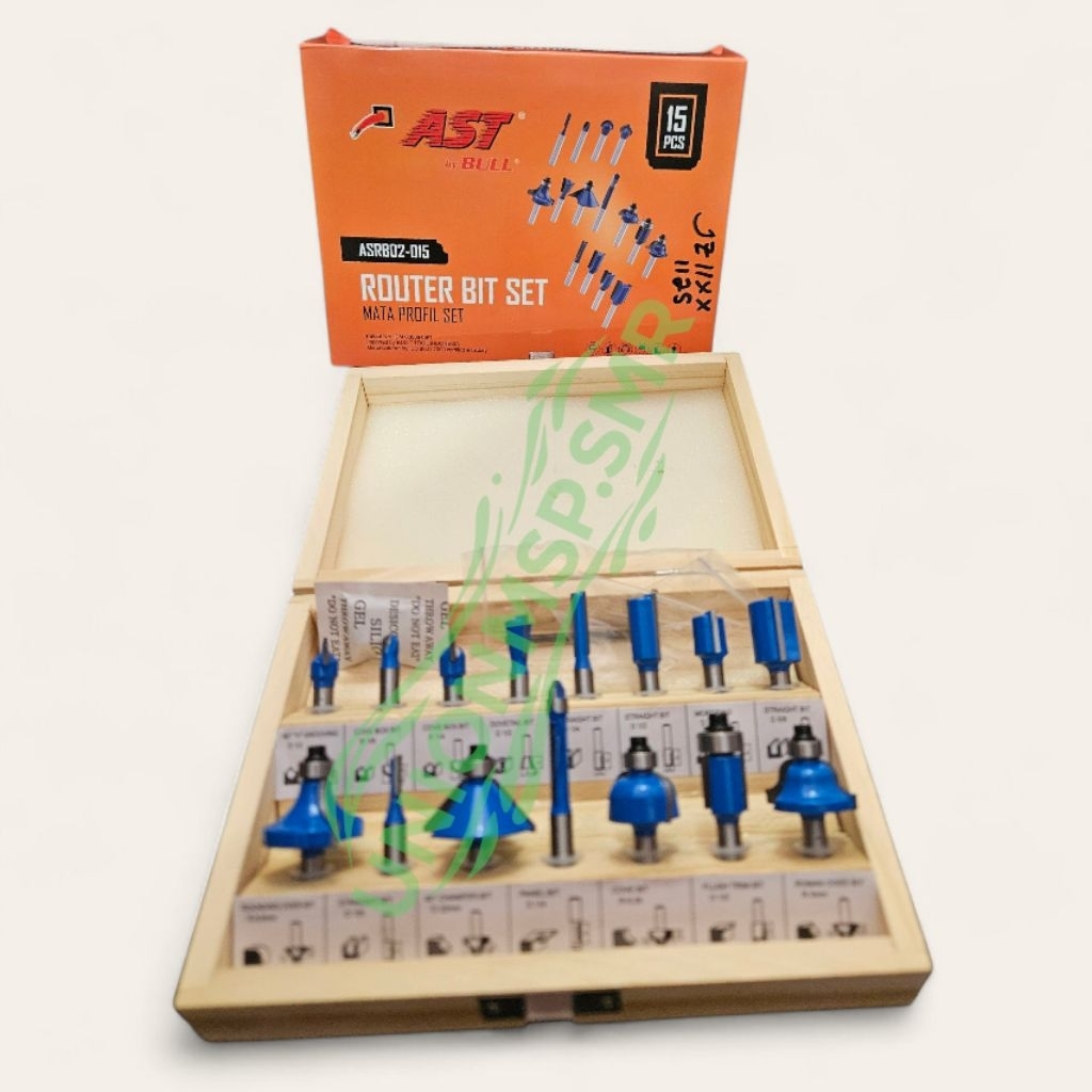 AST By BULL ASRB02-015 Router Bit Set Mata Profil Kayu 15 Pcs Carbide Shank 1/4" (6.35mm)