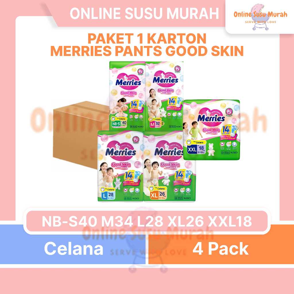 MERRIES PANTS GOOD SKIN PAKET 4 BALL / 1 KARTON NB-S40 M32 L28 XL26 XXL18 PPKS
