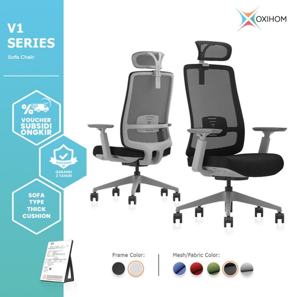 Kursi Ergonomis Oxihom V1 - Kursi Kantor Gaming Belajar Hidrolik Warna Hitam, Abu-abu, Coklat