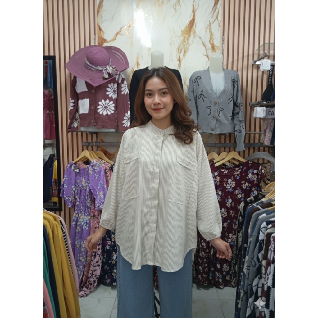 Tunik Kemeja Oversize Wanita Katun Rayon Motif Garis Pola Pinguin