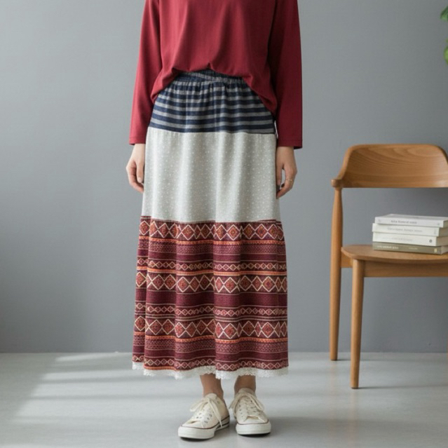 ROK KAOS RAJUT PANJANG MAXI BIRU GARIS SALUR ABU DOT MERAH TRIBAL RENDA KOREA IMPORT