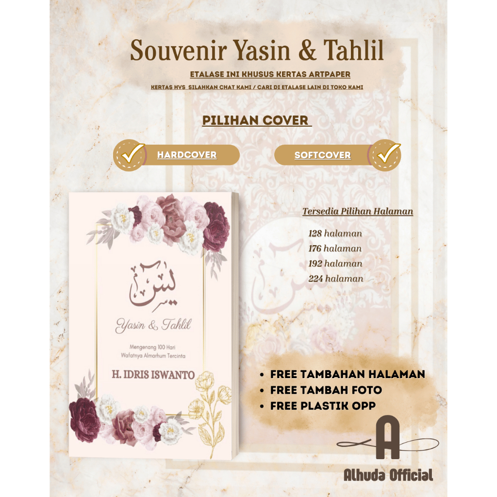 Buku Yasin dan Tahlil Custom / ARTPAPER / Nama - Ucapan - Foto / Hardcover / Softcover / Cetak Yasin
