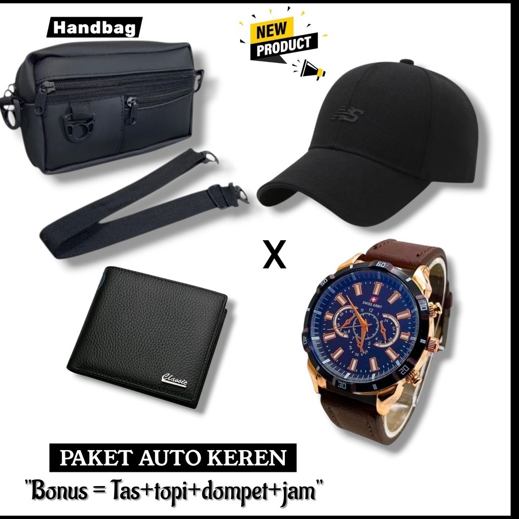 PAKET 4IN1 JAM MEWAH COWOK -  GRATIS JAM KULIT ANALOG PREMIUM GRATIS TAS HANDBAG PRIA KULIT SINTETIS