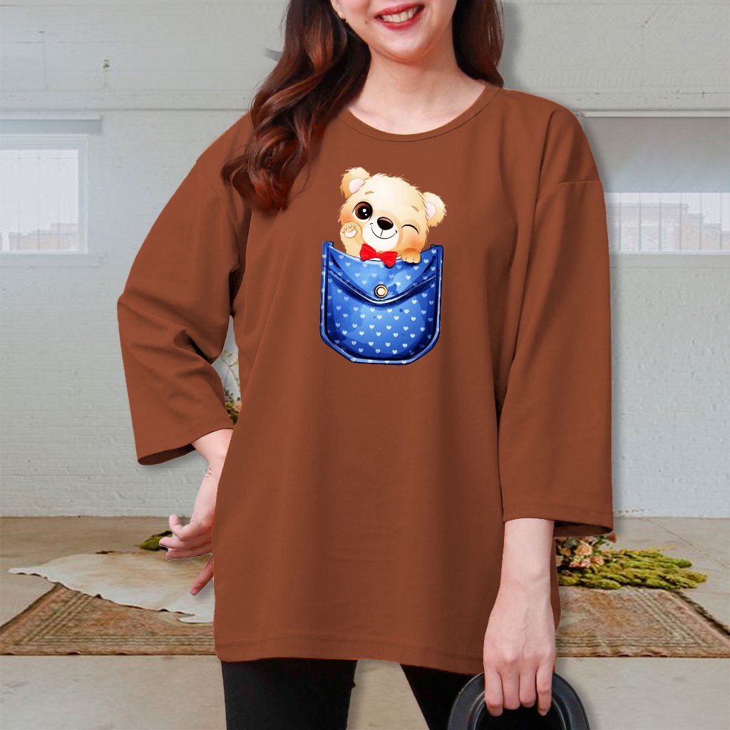 Kaos Atasan Oblong Wanita Jumbo Print Bear Jeans Bahan Voxy Ukuran Xxxl Oversize