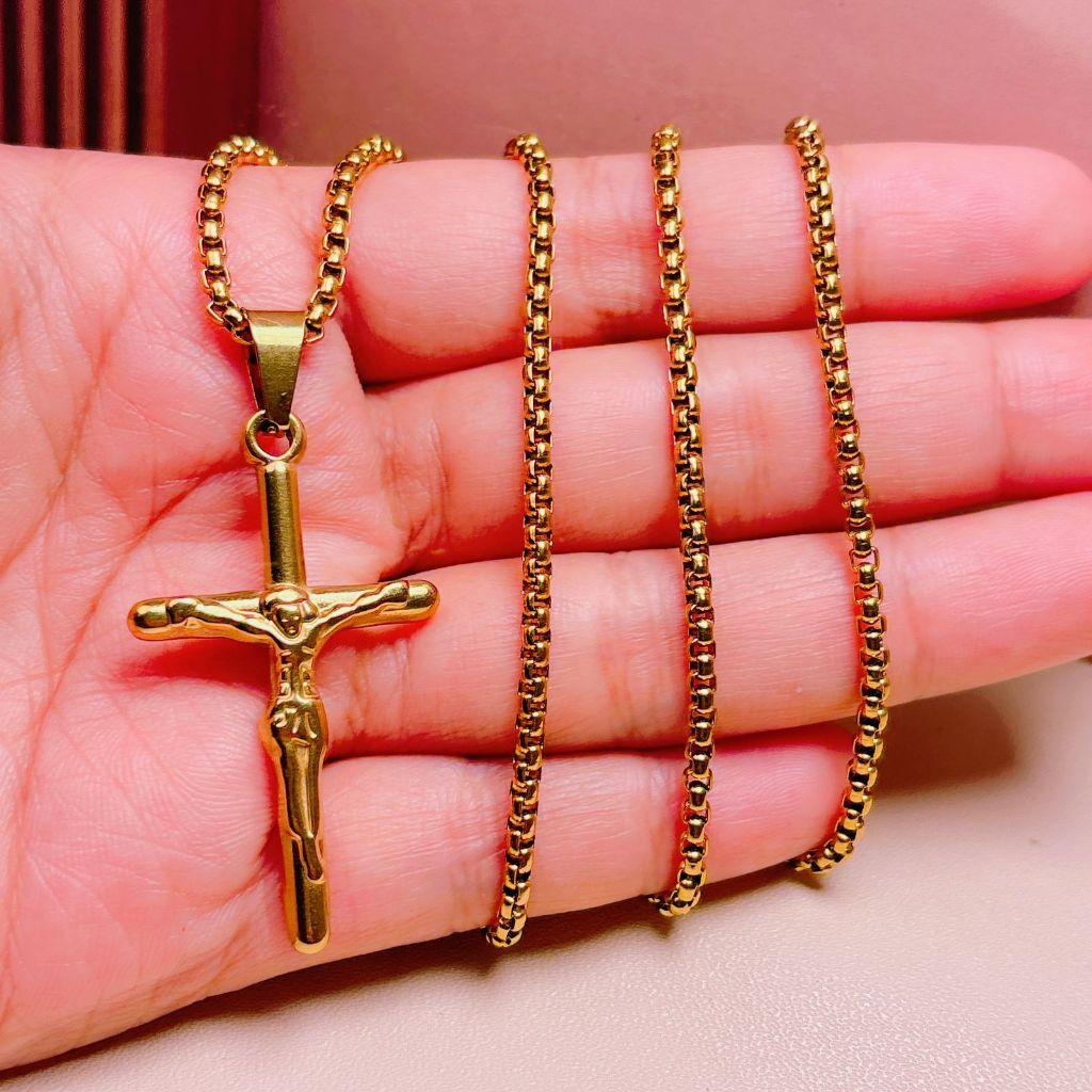 Kalung Titanium Gold Rantai Tambang Bandul Salip / Kalung Titanium