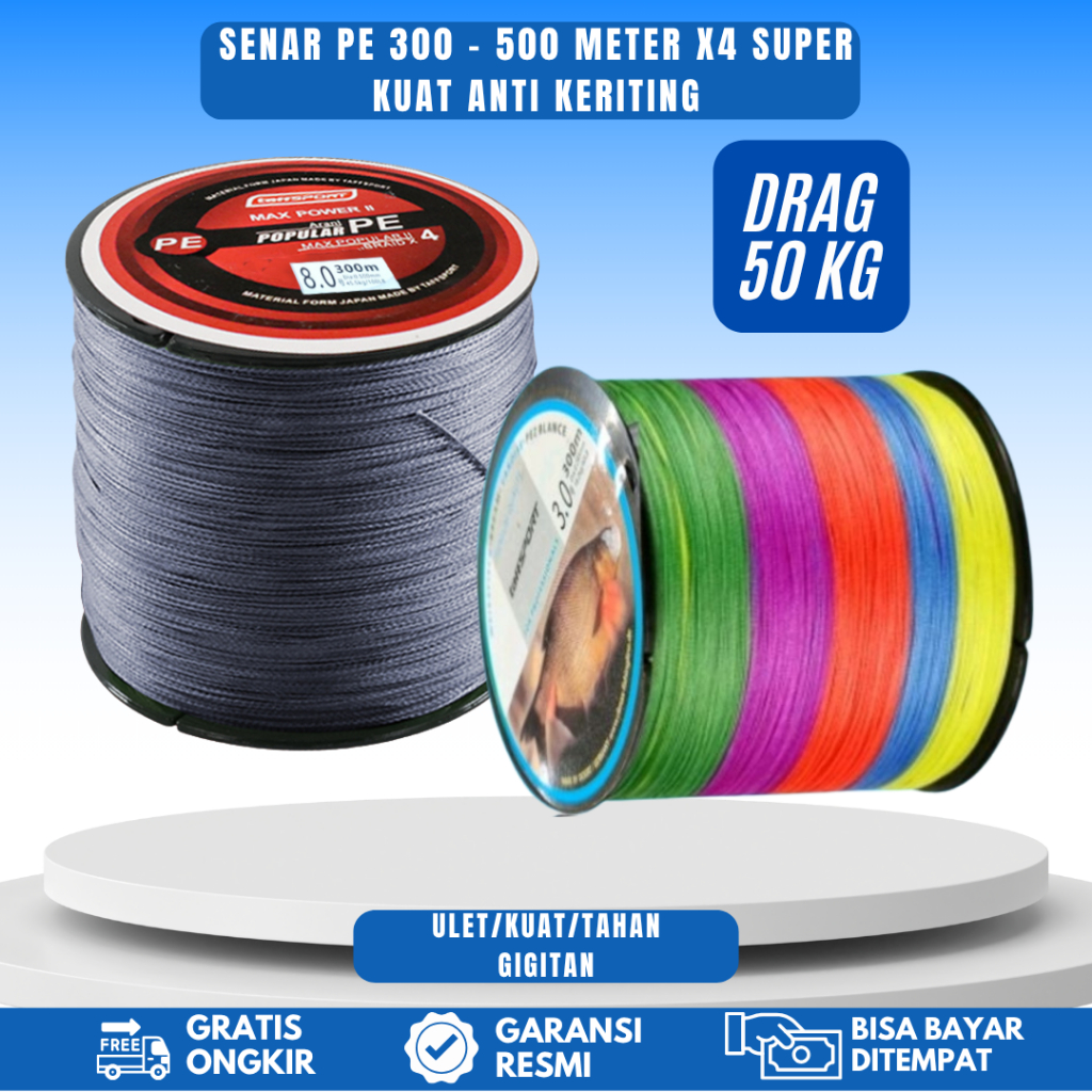 SENAR PANCING PE 300m - 500 meter senar pe senar pancing anti kriting senar pancing kuat 50 KG