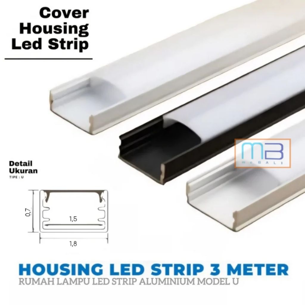 Housing Alluminium Led Strip Rigid Bar Model U Acrylic Cover 3 Meter