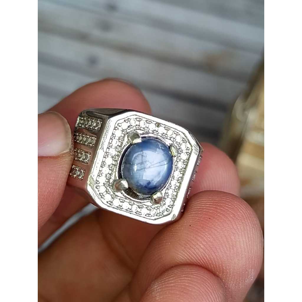 Natural Blue Star Safir Ceylon Ring Alpaka Microseting Mewah