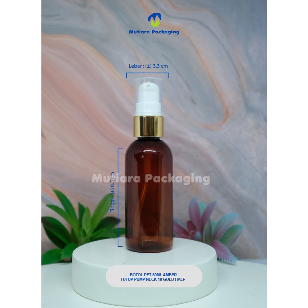 BOTOL PET 60ML AMBER / TUTUP PUMP NECK KECIL GOLD HALF - BOTOL AMBER TUTUP PUMP N KECIL GOLD HALF 60