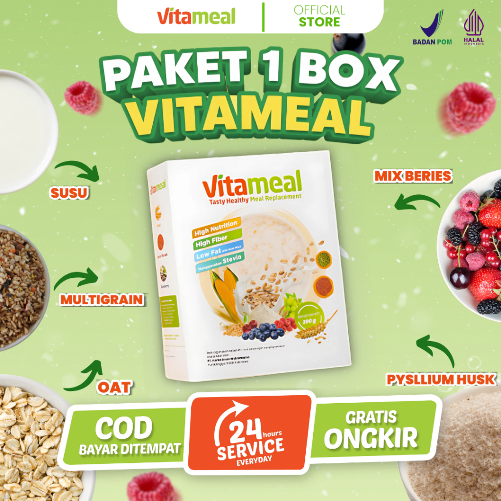 VITAMEAL 1 BOX Sereal Diabetes Rendah Kalori Turun Gula Darah Hipertensi Kolesterol Super Low Fat Se