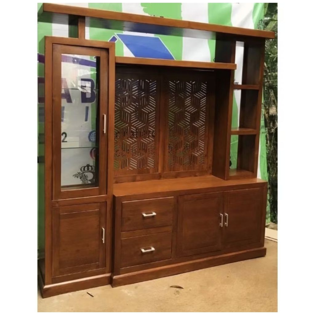 bufet tv partisi jati/bufet penyekat ruangan kayu jati/bufet pajangan jati solid minimalis ukuran 2m