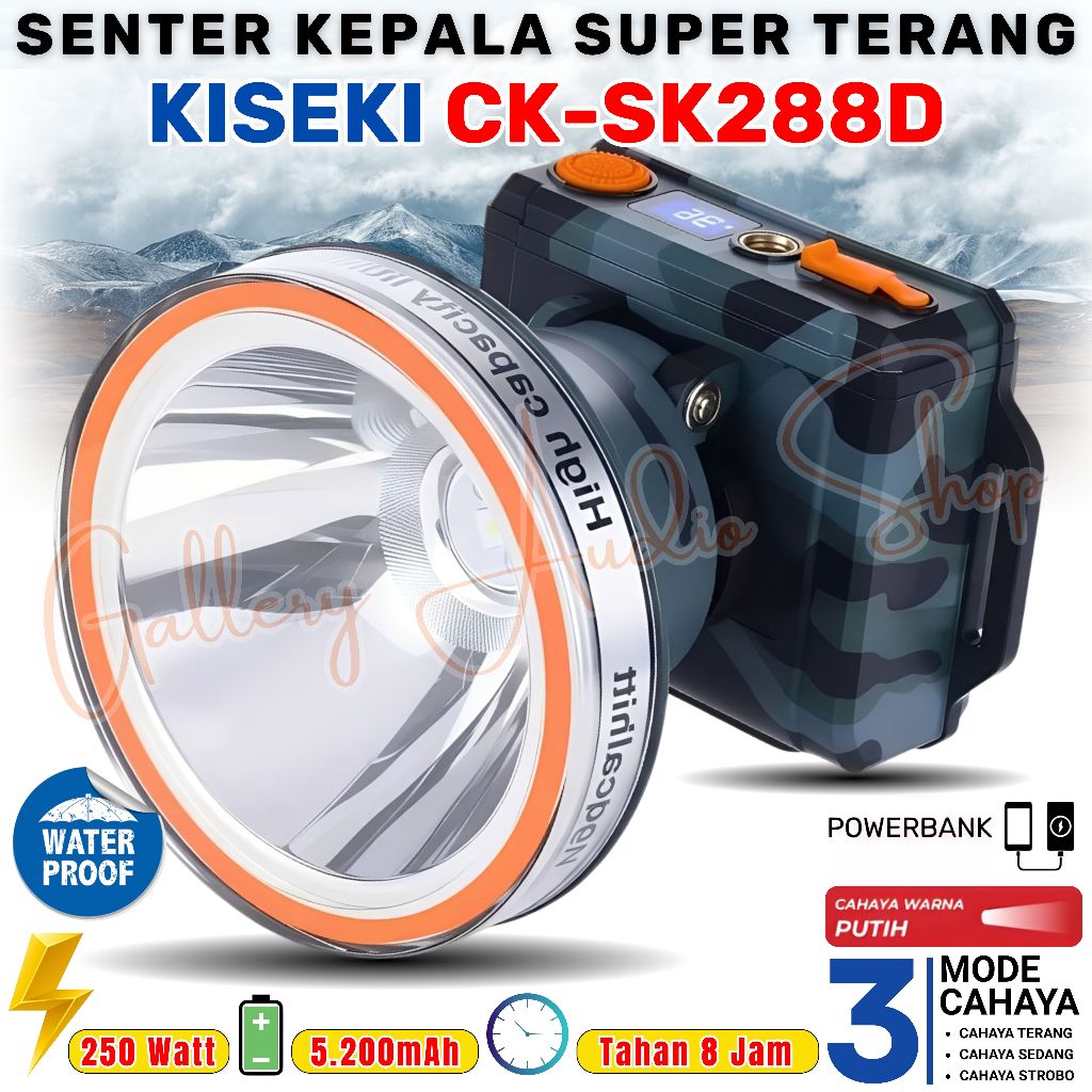 Senter Kepala KISEKI 250W Super Terang CK-SK288D + Bisa Power Bank | Senter Kepala LED 250 Watt Caha