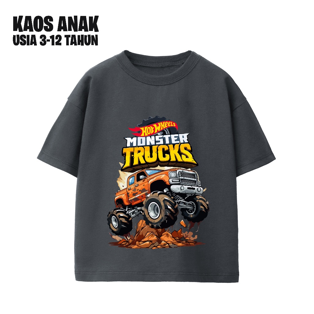 Baju Anak Murah Bagus Motif Monster Truck Hot Wheels Usia 3-12 Katun Adem Sablon Dtf Banyak Warna