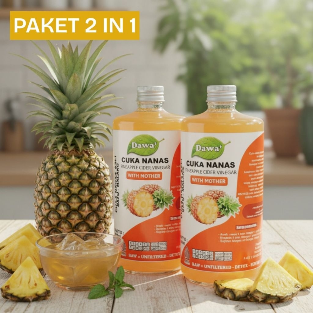 cuka nanas 1 liter ( 2 botol 500ml ) - cuka nanas DAWA' - cuka nanas premium - cuka nanas halal & pi