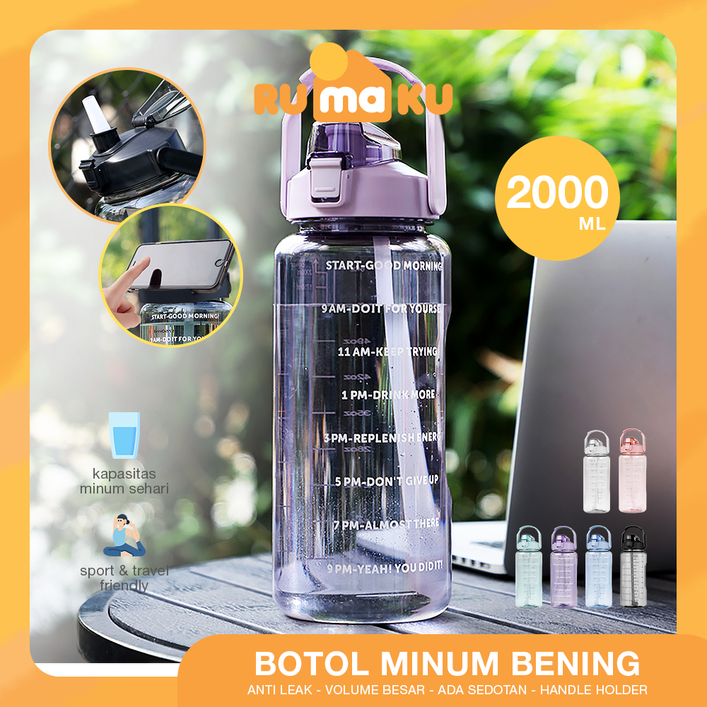 RMK Botol Air Minum Sport 2 Liter Jumbo Transparan Anti Bocor BPA Free Sedotan Silicone Sekolah Gym