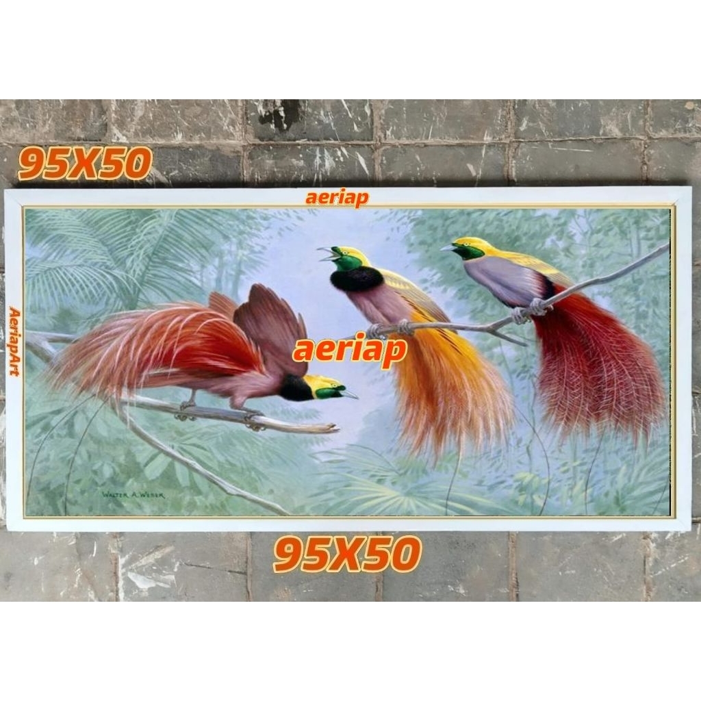 hiasan dinding lukisan cetak burung cendrawasih plus figura ukuran 95*50
