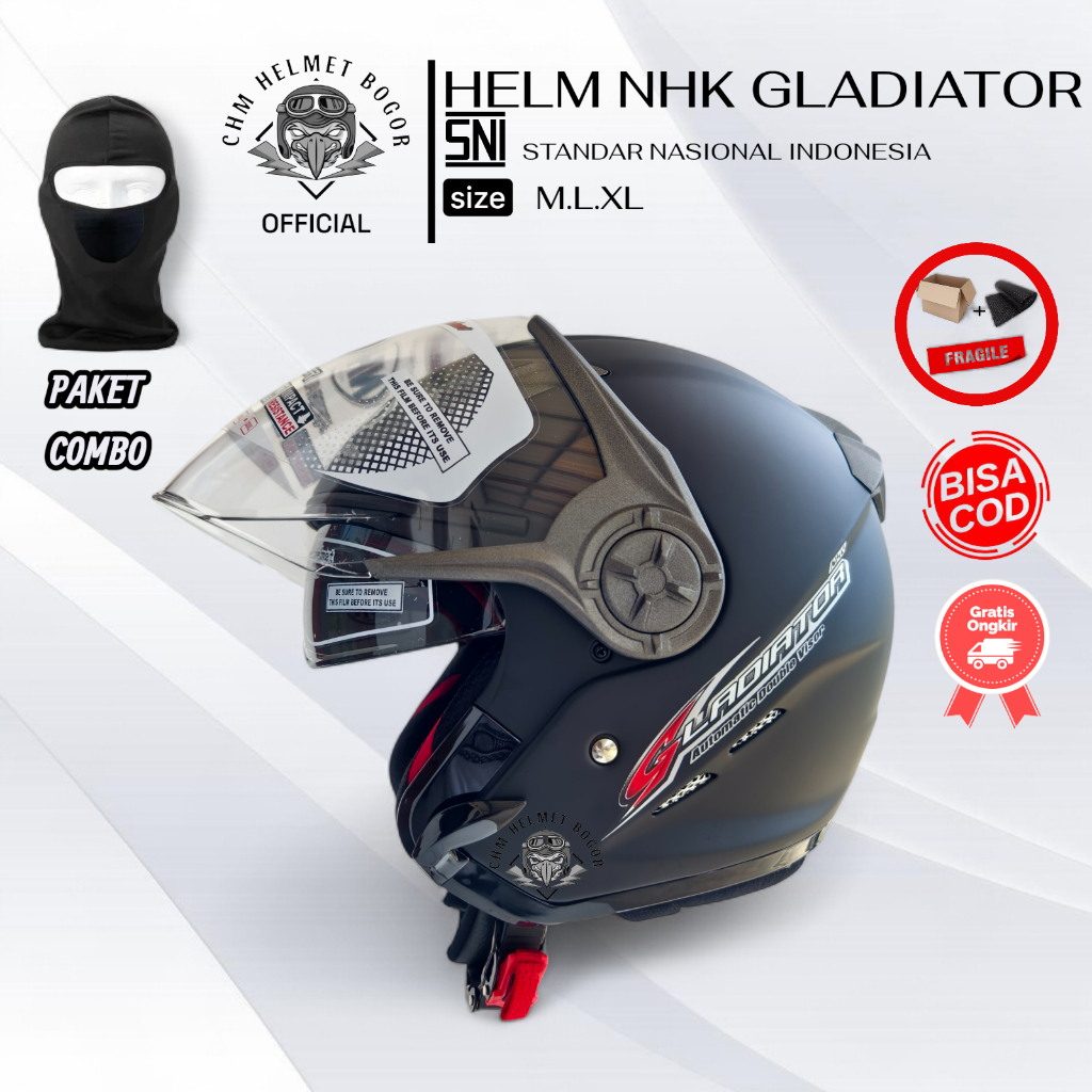 HELM HALF FACE NHK GLADIATOR SOLID HITAM DOF | DOUBLE VISOR
