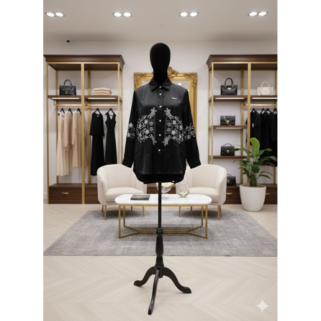 Kemeja Wanita Satin Silk Hitam Bordir Bunga