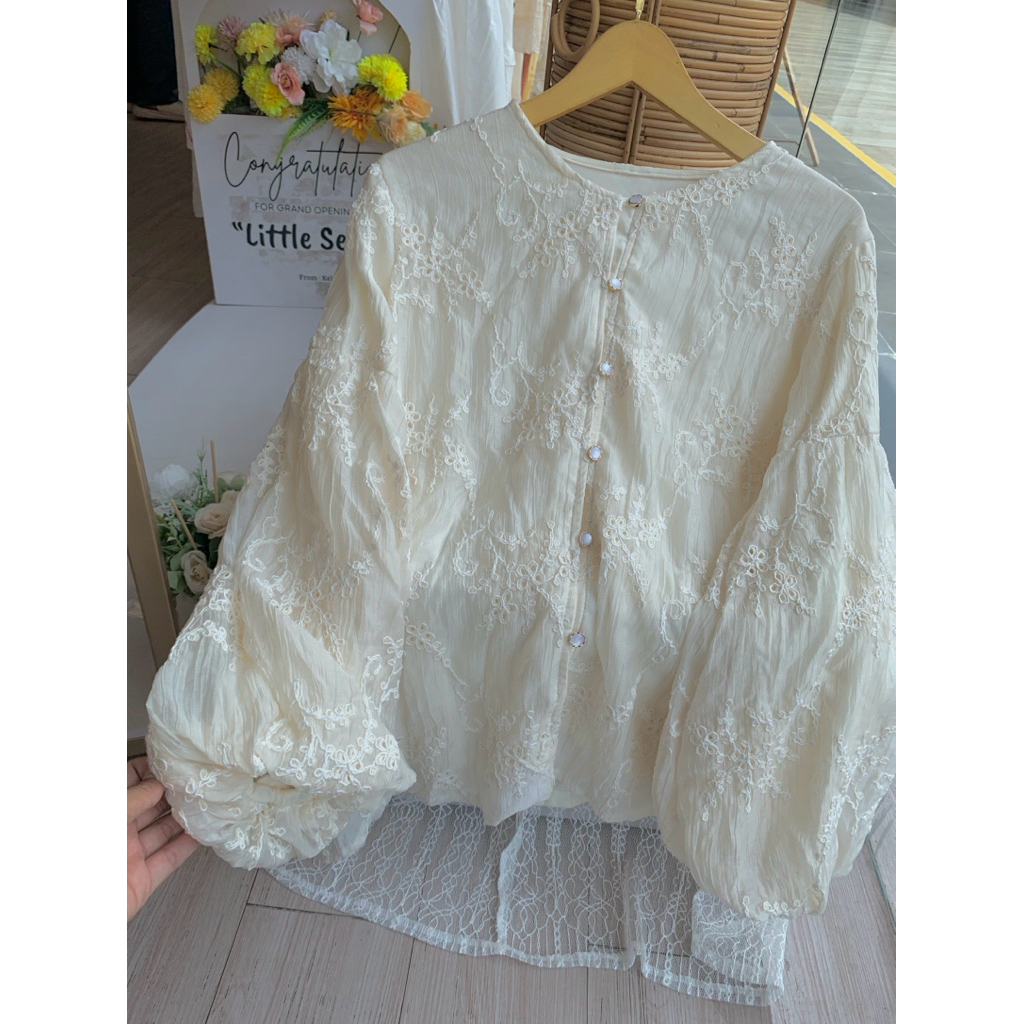 Atasan Katun Bolong - Atasan Katun Bordir - Atasan Kondangan Premium - Blouse Brukat Tangan Balon Pu