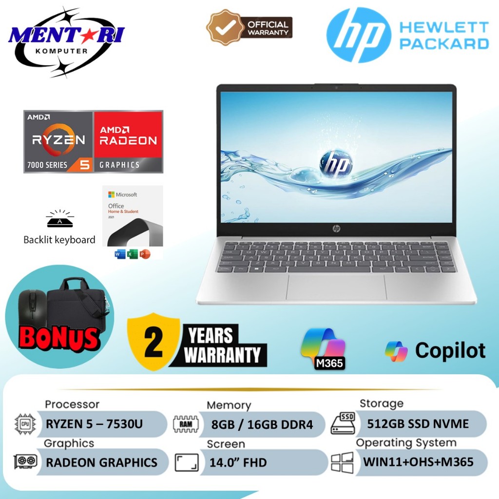 Laptop HP 14 Ryzen 5 7530U RAM 8GB 512GB SSD FHD Windows 11 Baru Original