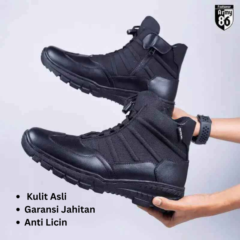 Army86 PDL Lantas Sepatu PDL Pendek Tactical Kulit Sapi dengan Resleting YKK atau Quick Lacing Syste