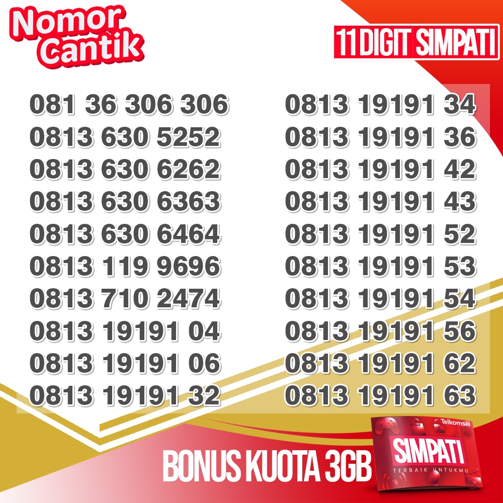 Nomor Cantik Telkomsel Simpati 11 Digit 3GB Nasional Batch 11