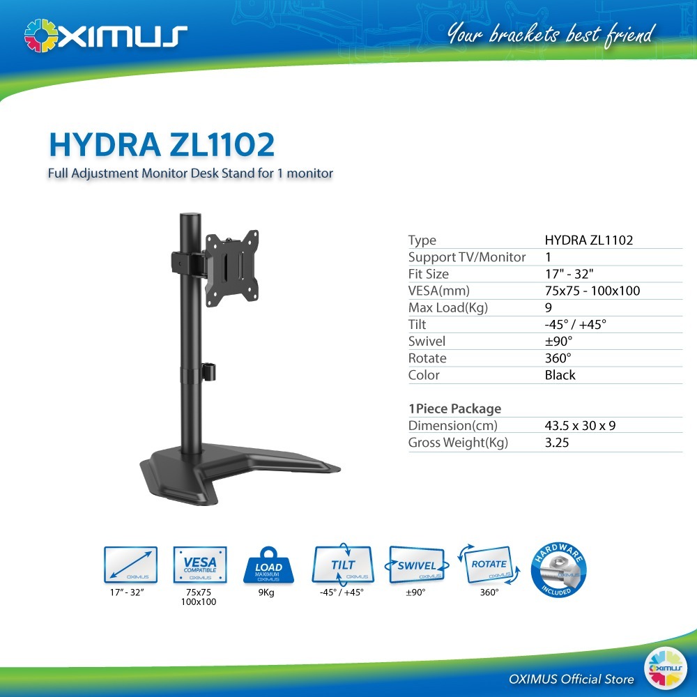 BRACKET TV LCD MONITOR 13"-27" OXIMUS HYDRA ZL1102 TILT SWIVEL ROTATE
