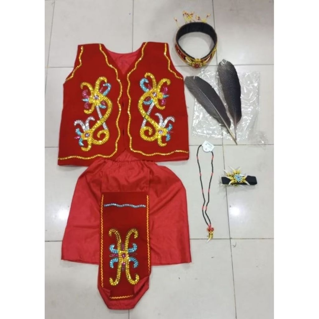 PAKAIAN ADAT DAYAK COWOK DEWASA VARIAN VVIP WARNA MERAH - BAJU DAYAK DEWASA VARIAN MERAH