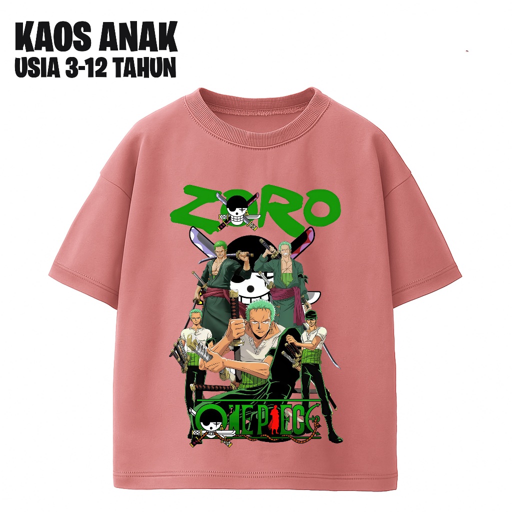 Kaos Anak One Piece Roronoa Zoro Anime Katun Sablon DTF Banyak Warna Baju Pedang Katana Usia 3–12Th