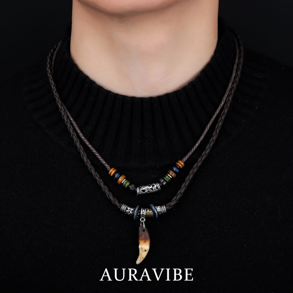 AURAVIBE-Kalung liontin taring serigala untuk pria, gaya retro dengan dua lapis, perpaduan kulit ten
