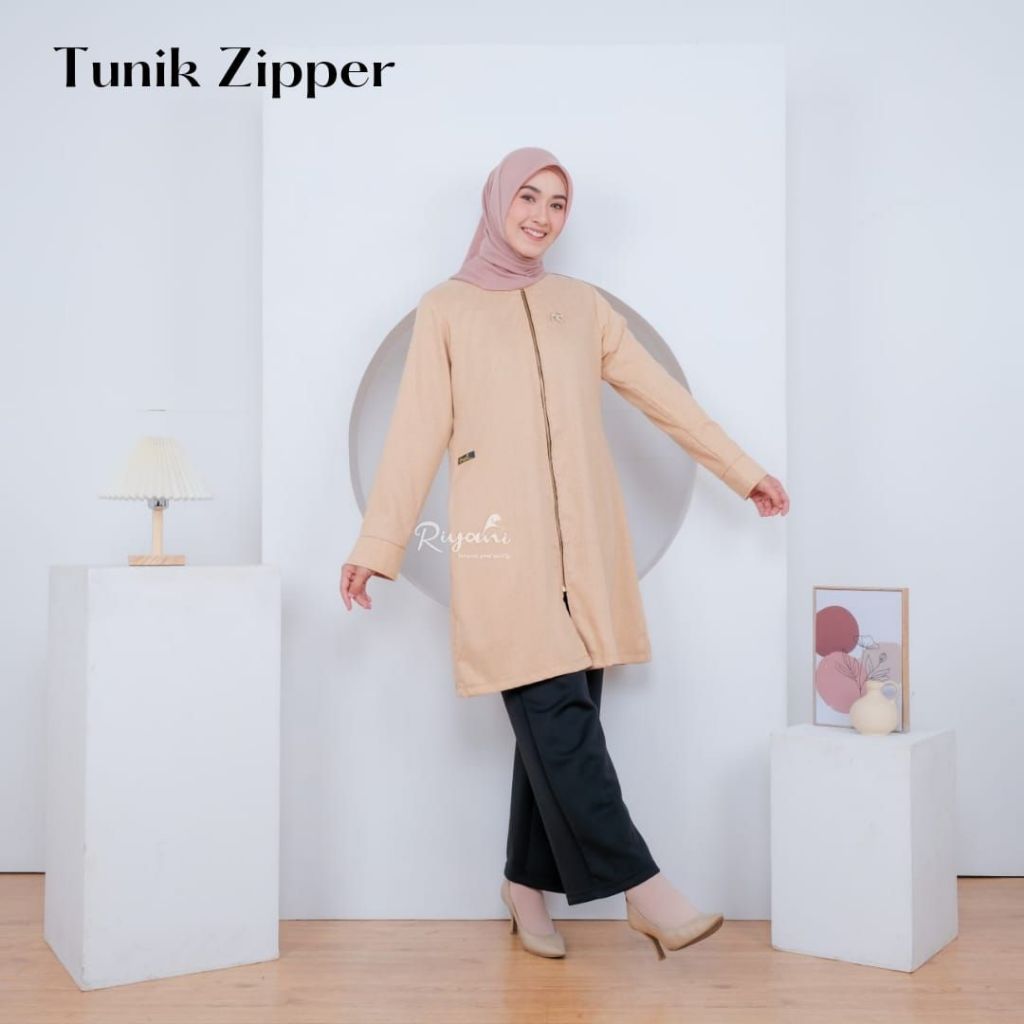 RIYANI TUNIK ZIPPER BAHAN KATUN MADINA DENGAN KANTONG KANAN