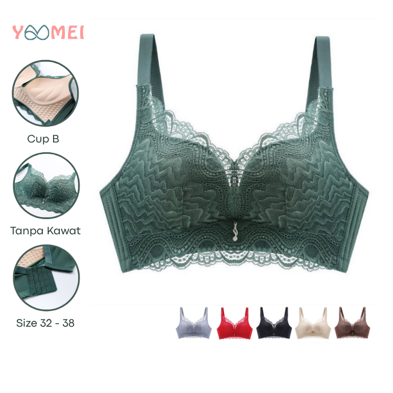 YOOMEI Bra Wanita Brukat Anti Gatal Cup Besar Busa Tebal Tanpa Kawat Bh Renda Push Up Premium